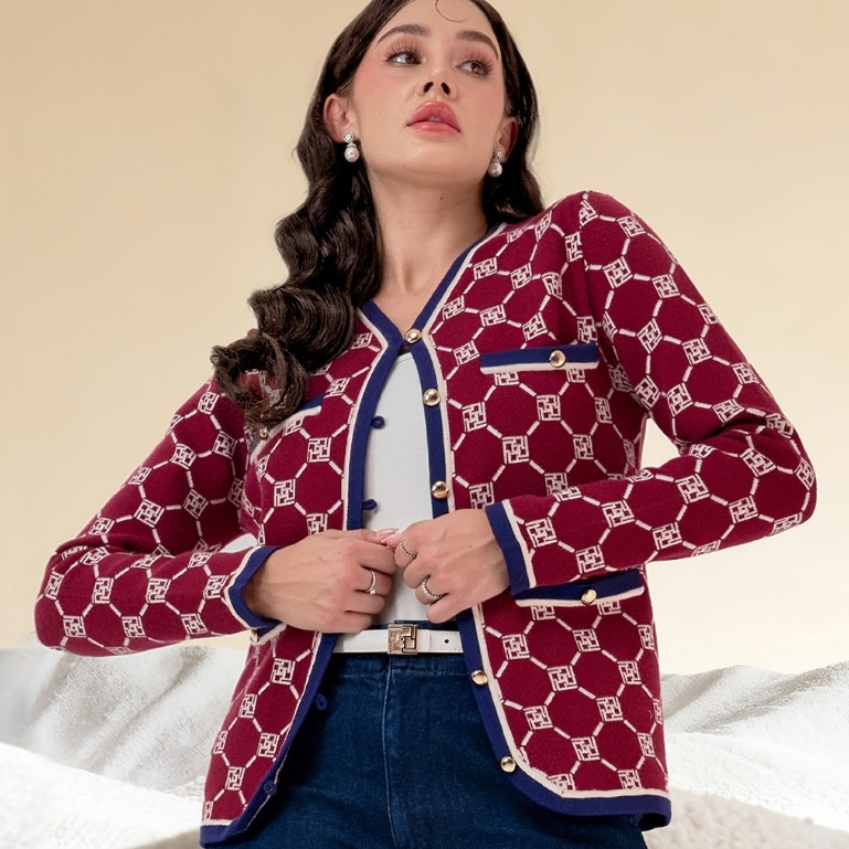 IVAN GUNAWAN PRIVE Althea Knitwear - Atasan Blouse Knit Cardigan Sweater Motif Monogram Merah Navy b