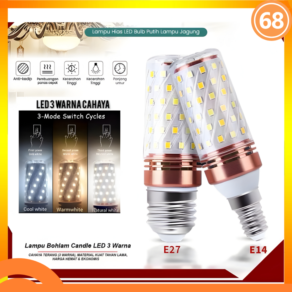 Lampu Bohlam LED Jagung 12 Watt 3 Warna Fitting E27/E14 Lampu Corn Hias LED Bulb Lampu Jagung