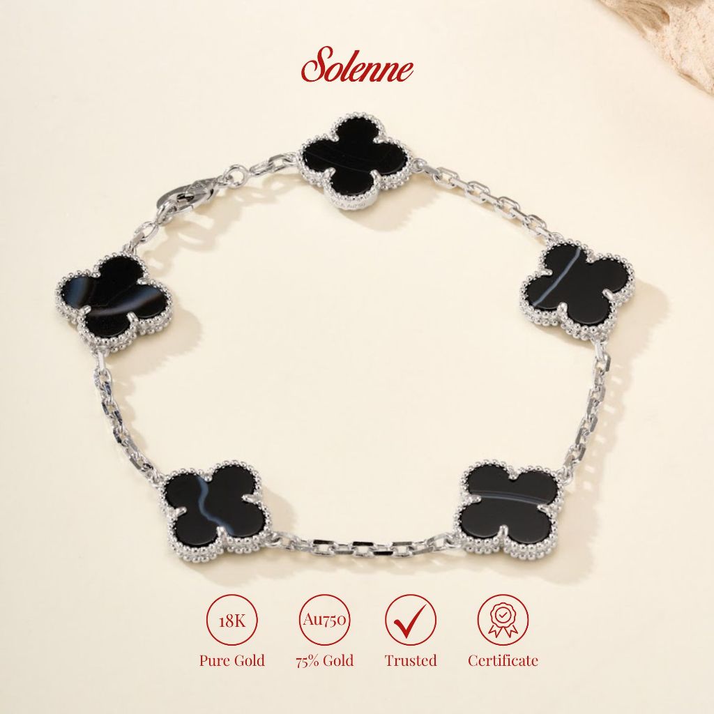 Solenne [18K/750 Emas] – Gelang Semanggi Batu Hitam Full Clover Flower