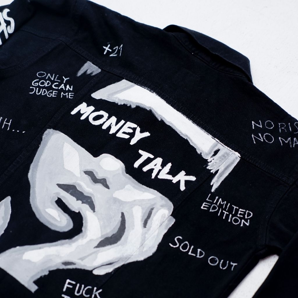 SMH Jaket Jeans Hitam - Jaket Denim Painting Gambar Dan Tulisan Costum Desain Money talk
