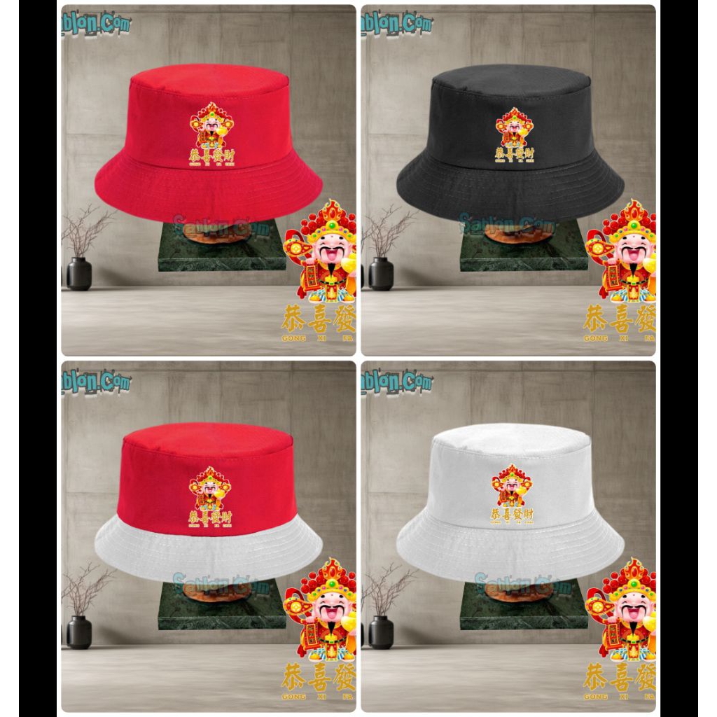 Topi BUCKET Hat IMLEK HAPPY CHINESE HONG XO FA CAI SHIO KUDA Custom Pria wanita Unisex Indonesia