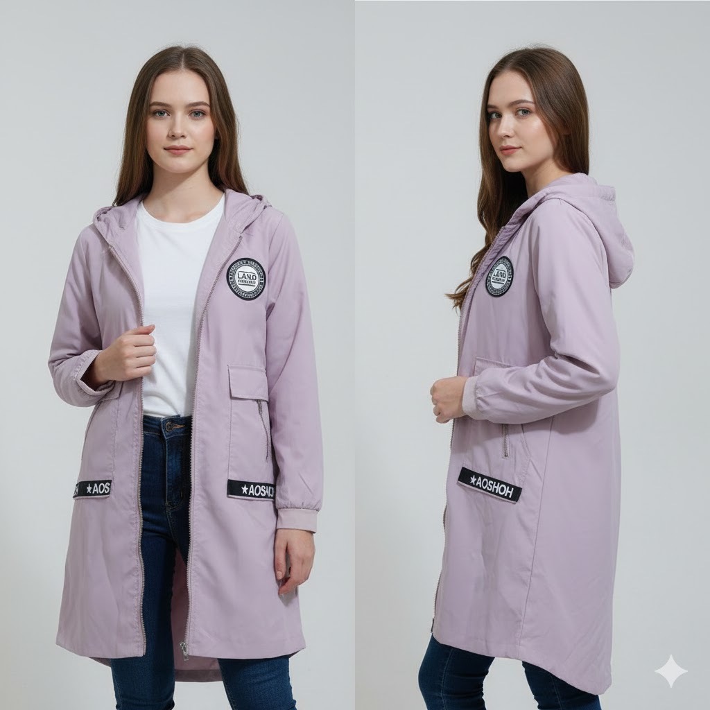 Jaket parka long wanita warna lilac