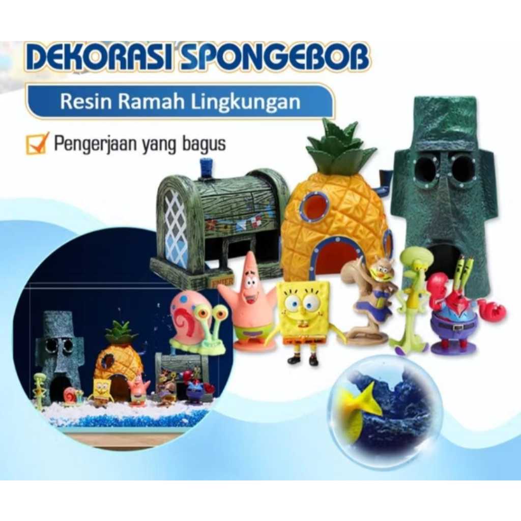 HIASAN AQUARIUM SPONGEBOB ornamen resin miniatur figure spongebob rumah nanas krusty krab akuarium