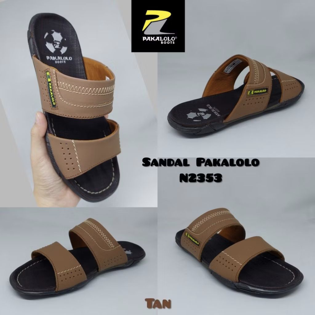 PAKALOLO N2353 TAN / Sandal Pria bahan Kulit Asli / Sendal Casual Motif Sol-bola Original