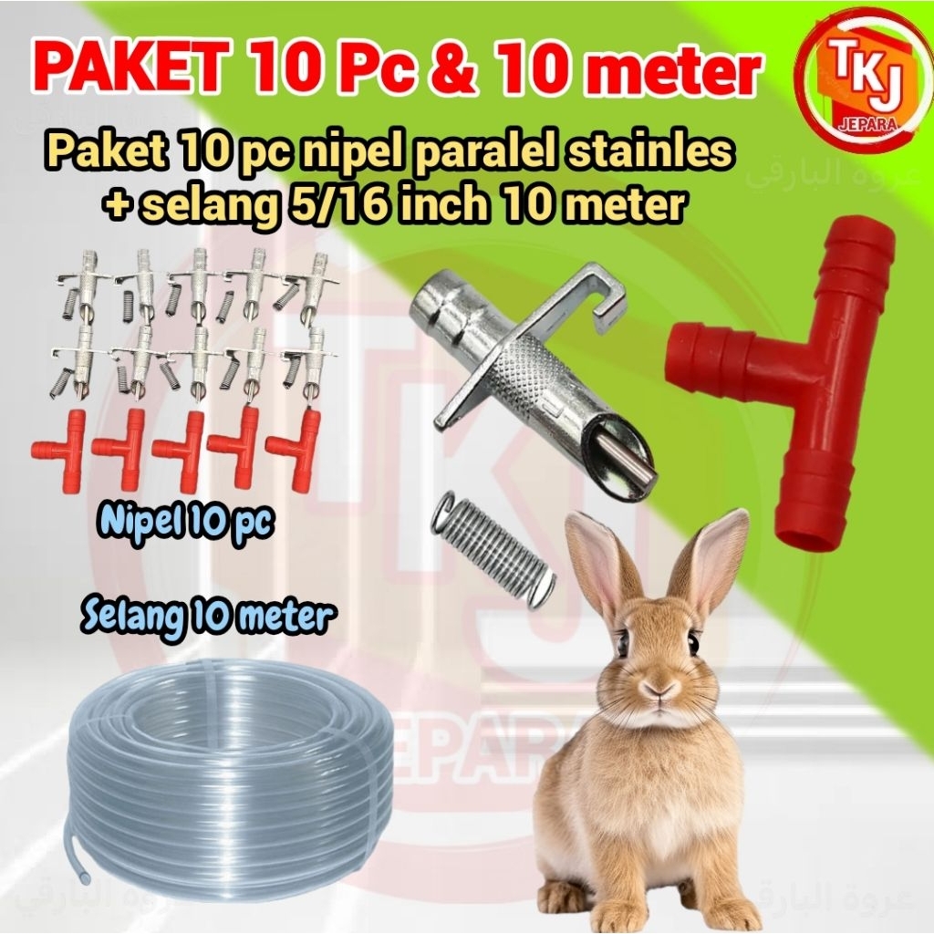 paket 10 pc nipel + selang 10 meter nipel kelinci paralel stainles M2  / yellow M1 untuk Nipel minum