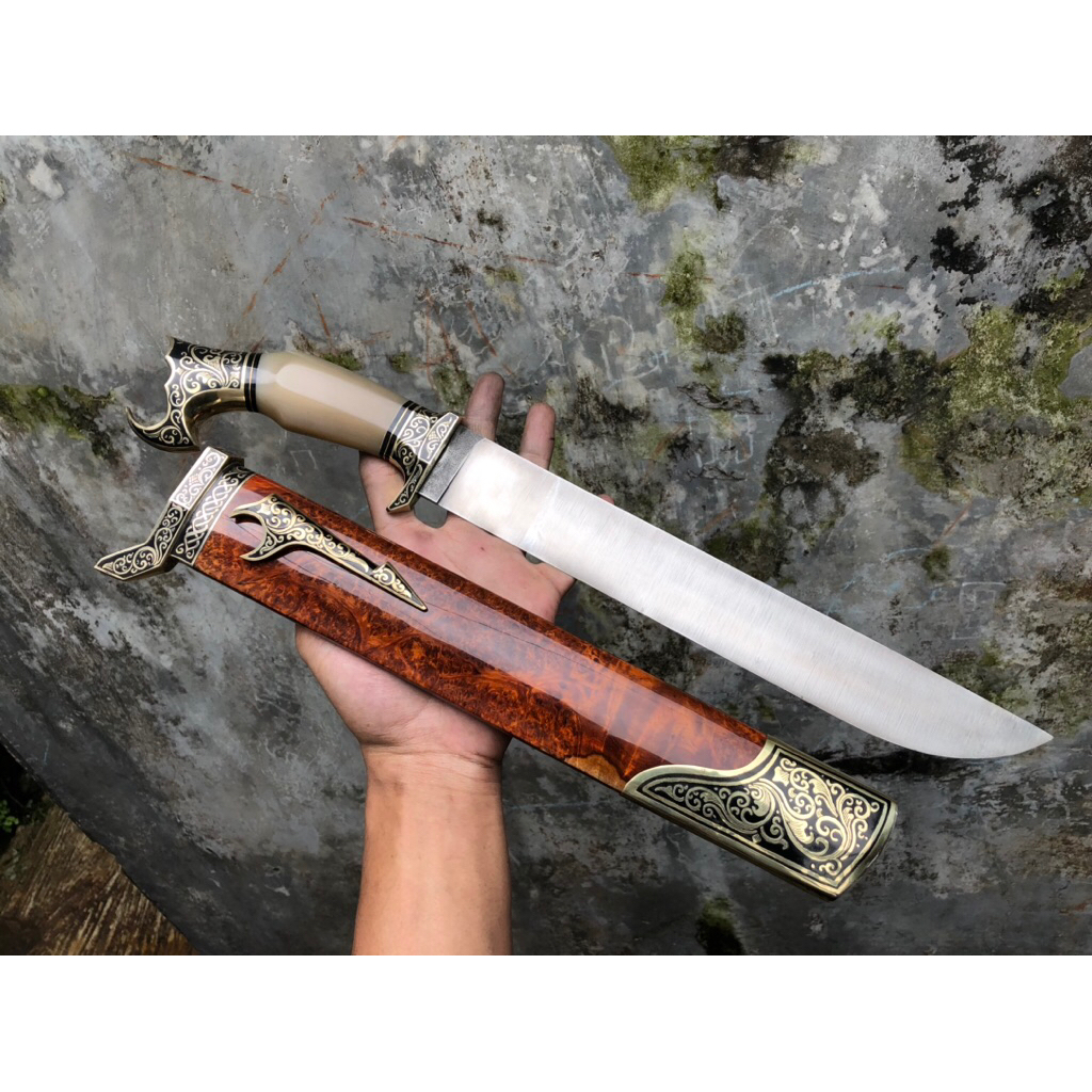 Pisau Sembelih Baja ELMAX/M390/VANADIS8 29cm 59 HRC Tajam - Sarung Kayu BURL, Gagang Tanduk, Fulltan