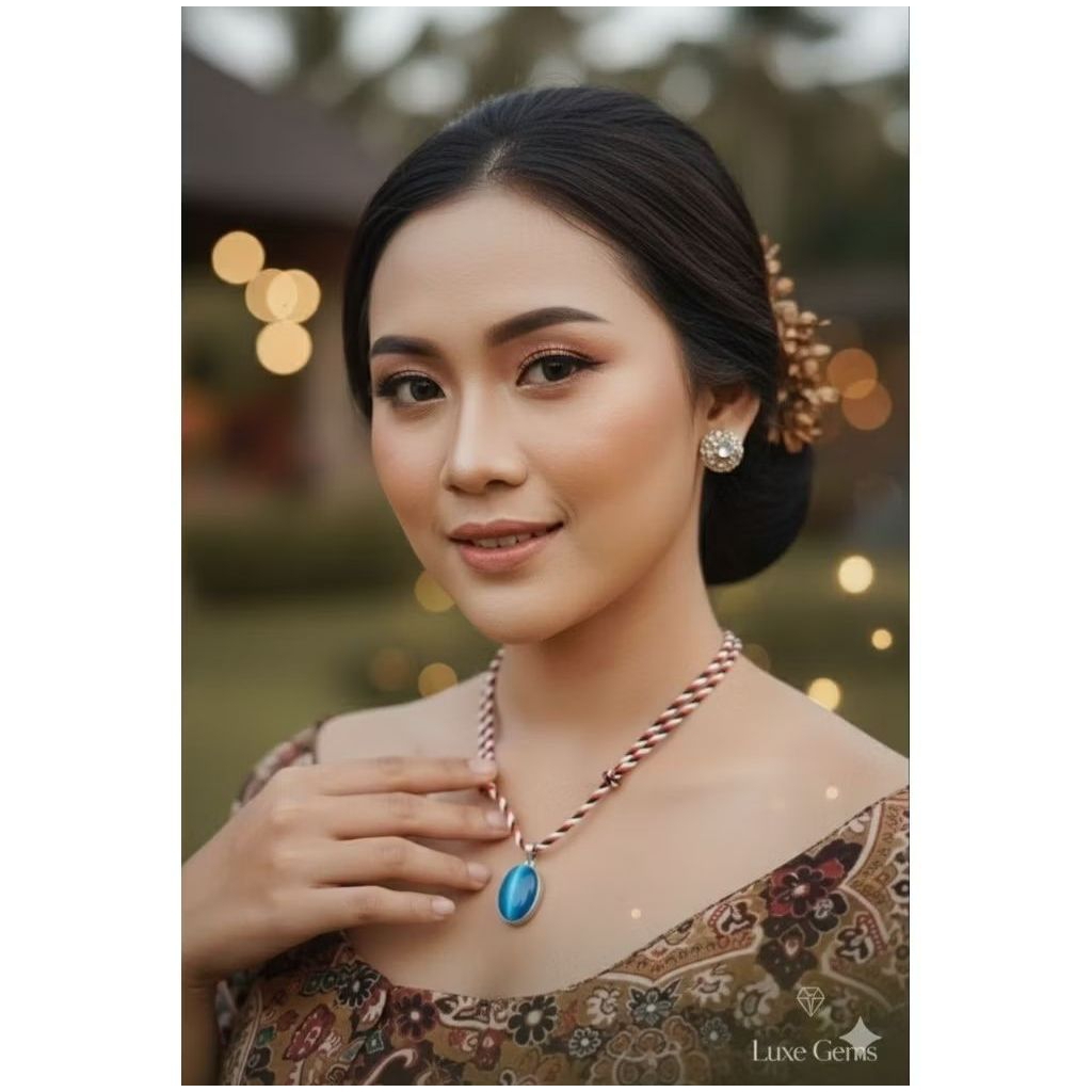Kalung Liontin Batu Cat Eye Biru Spirtus Tali Tridatu