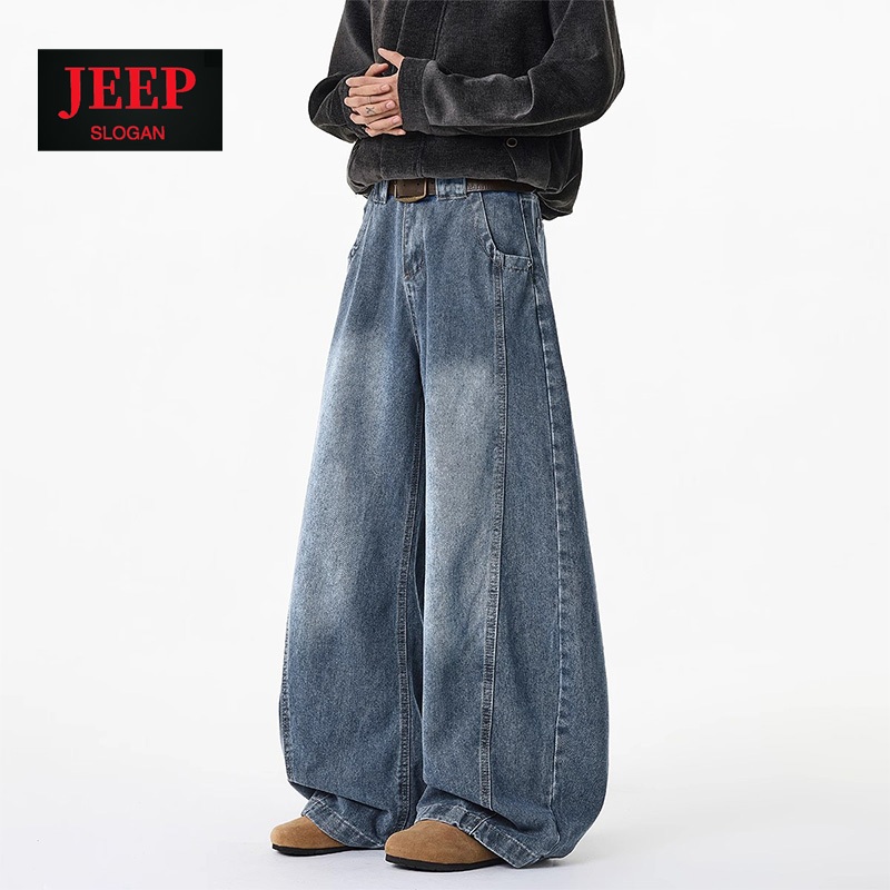 Celana jeans pria ukuran besar longgar denim celana jeans biru kaki lebar