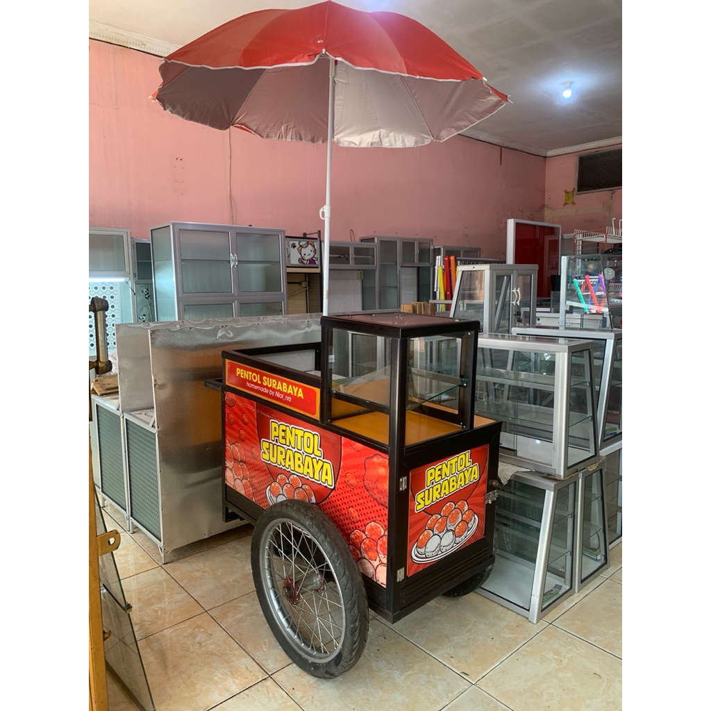 etalase gerobak alumunium roda motor untuk keliling bekas pentol / cilok ukuran 100cm kondisi istime