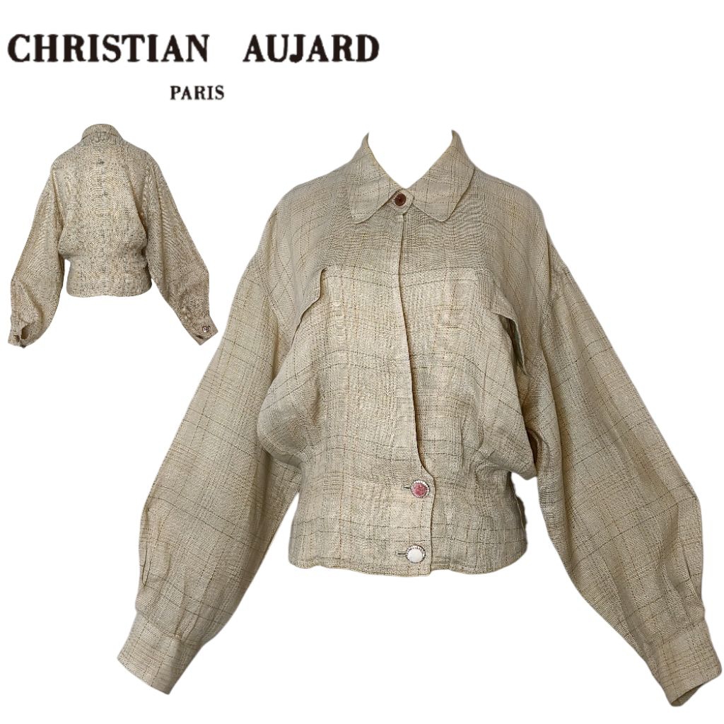 CHRISTIAN AUJARD Paris Ivory Prince of Wales Check Cotton Hemp Blazer Long Sleeve