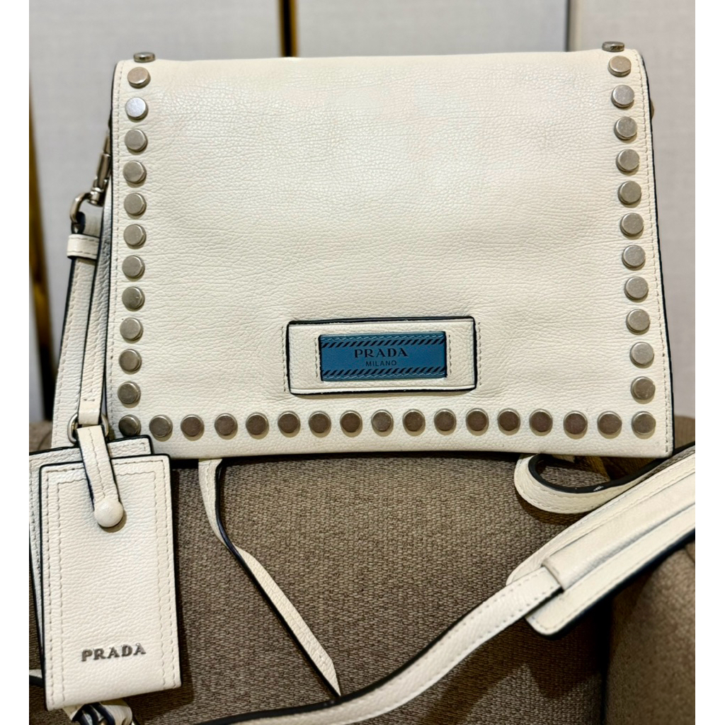 Pradaa leather bag etiquette - pradaa authentic studd bag | prada authentic bag | pradaa sling bag |