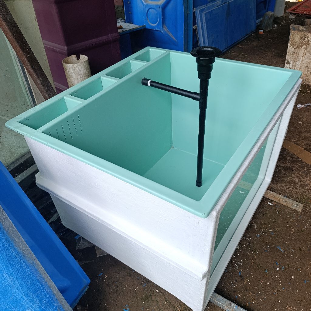 kolam ikan hias bak fiber 100x90x70 kombinasi kaca+ filter belakang fiberglass costume