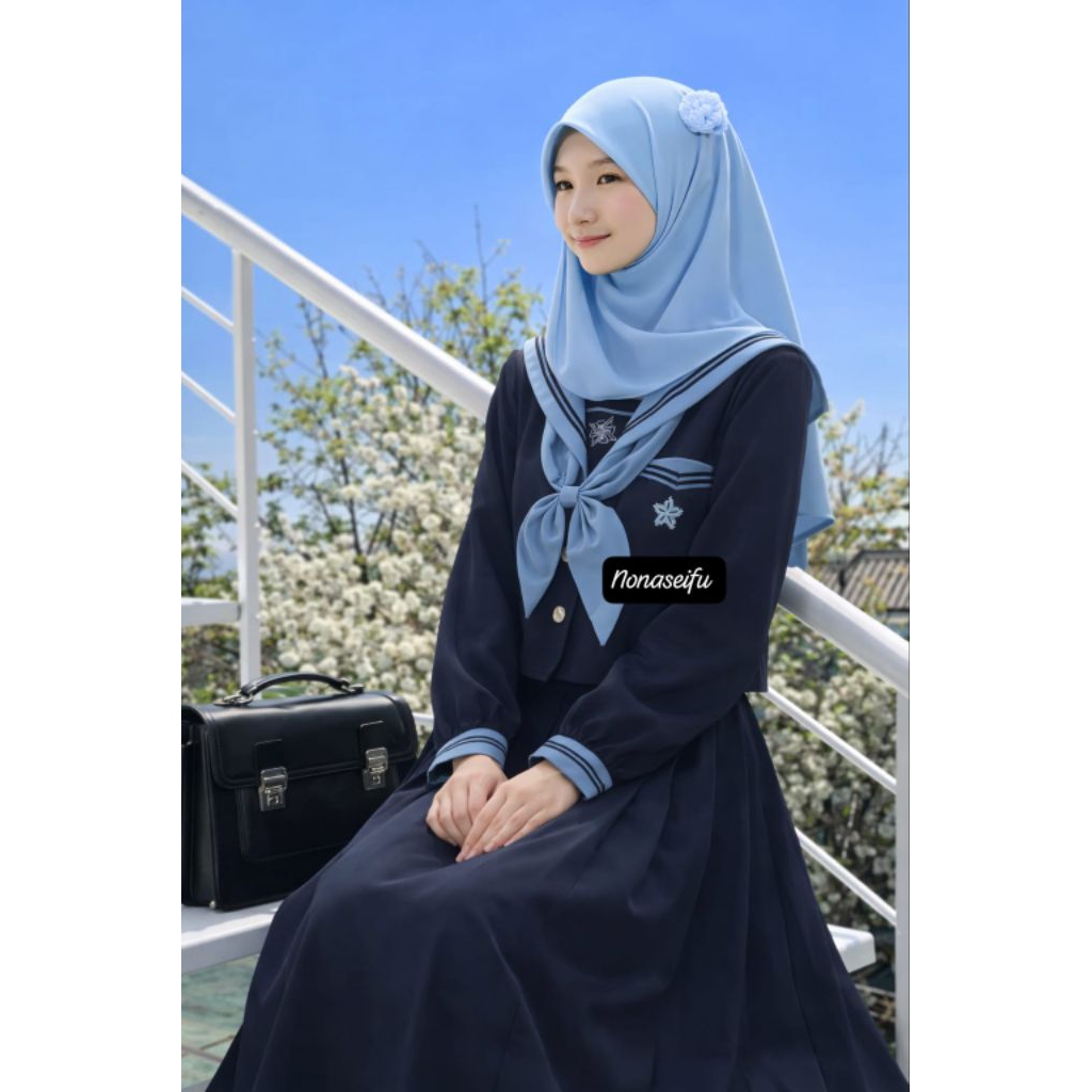 nonaseifu - setelan hijab ootd seifuku seragam sekolah jepang navy blue kawai