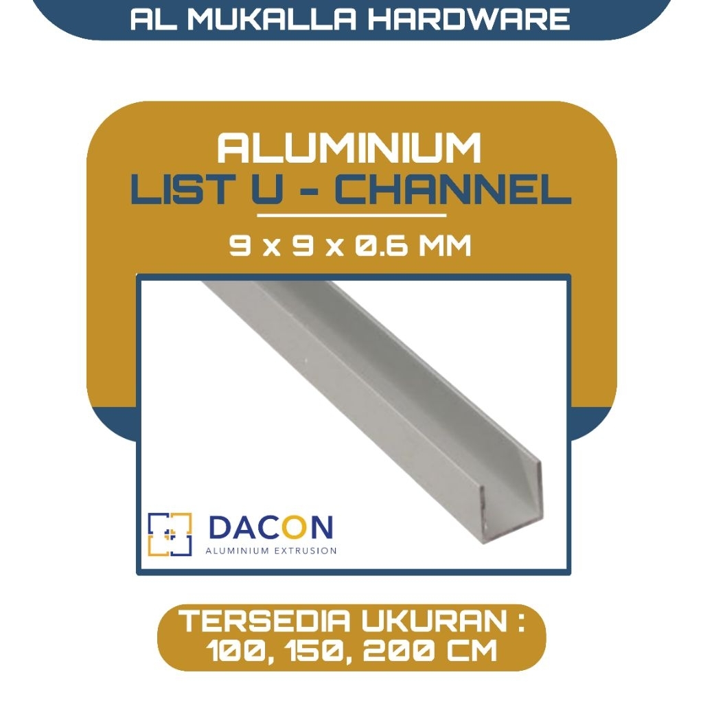 List U Channel Aluminium 9mm Atau 3/8 inch Panjang 1/1.5/2 Meter - List U Aluminium 9mm