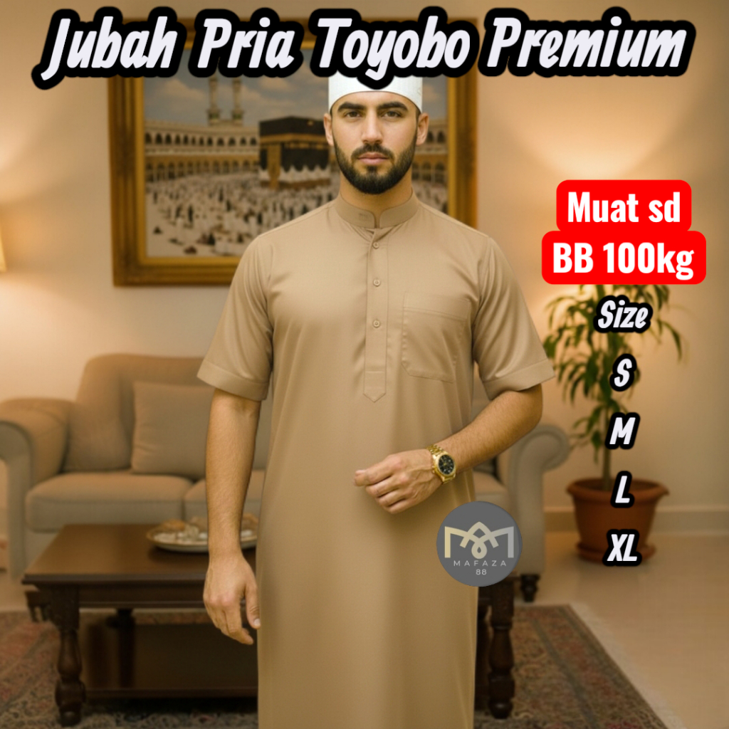Gamis Jubah Muslim Pria TOYOBO PREMIUM ADEM Lengan Pendek Polos Sholat Umroh Lebaran Coklat Muda