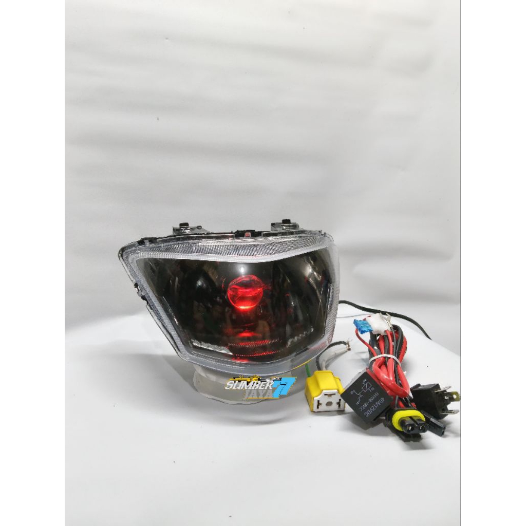 Reflektor Lampu biled H4 plus Rilay Mio J cahaya blue lens Super terang Mio J