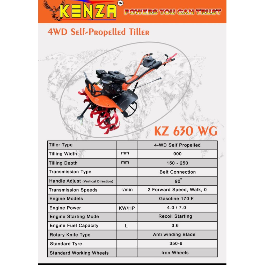 CULTIVATOR/ MINI TILLER KENZA KZ630WB (4WD BENSIN) BUAT BEDENGAN DAN MENGOLAH LAHAN