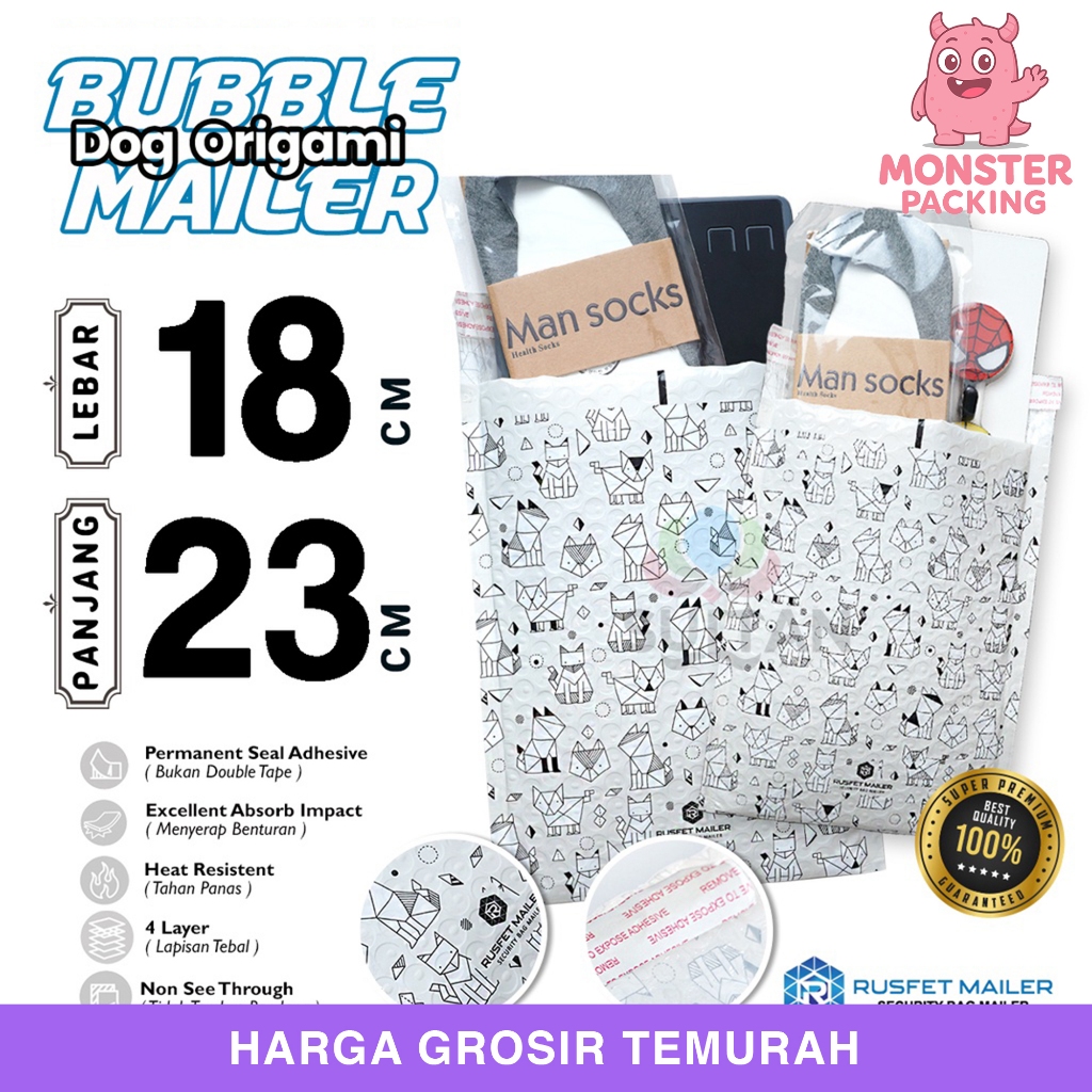Amplop Bubble Wrap Motif DOG ORIGAMI Envelope Bubble Bag Mailer 18x23cm