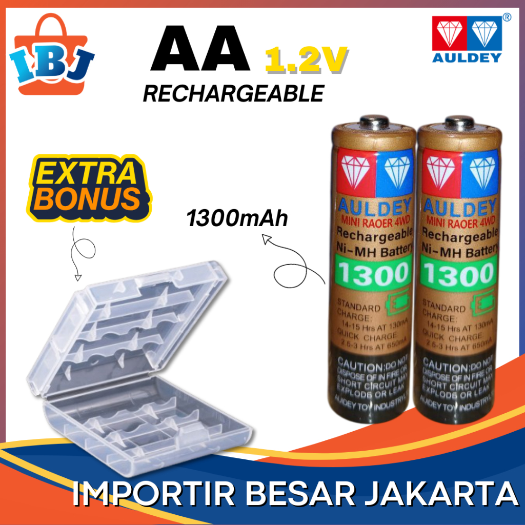 FREE CASE  Baterai Rechargeable AA ORIGINAL Auldey Rechargeable Isi 2 1300 mAh Batre Cas Auldey AA 2