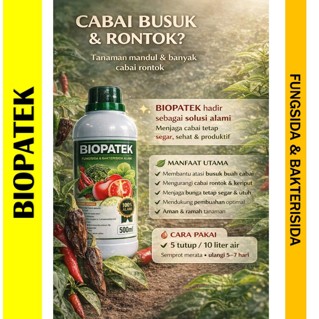 Obat Cabe Busuk Ampuh – Busuk Buah Cabai, Layu & Jamur  BIOPATEK 500 ml - Fungisida Bakterisida Cabe