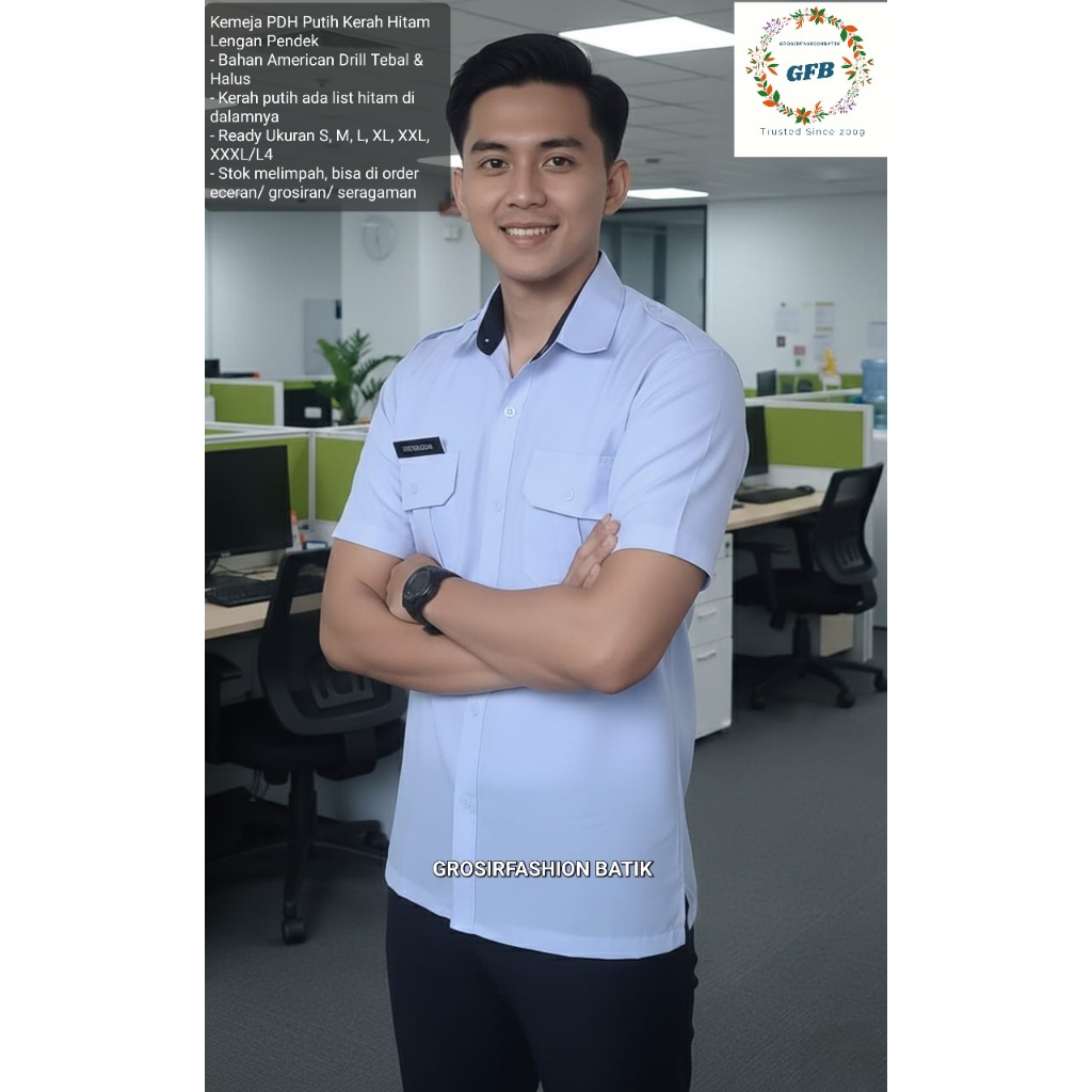 Seragam PNS Kemeja PDH Pria Putih Kerah Hitam. Bahan Drill Premium, Nyaman Dipakai Sehari-hari. Sera