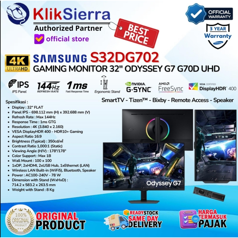 Gaming Monitor SAMSUNG 32" ODYSSEY G7 G70D LS32DG702 S32DG702 IPS 4K UHD 144Hz 1ms HDR400 - SmartTV
