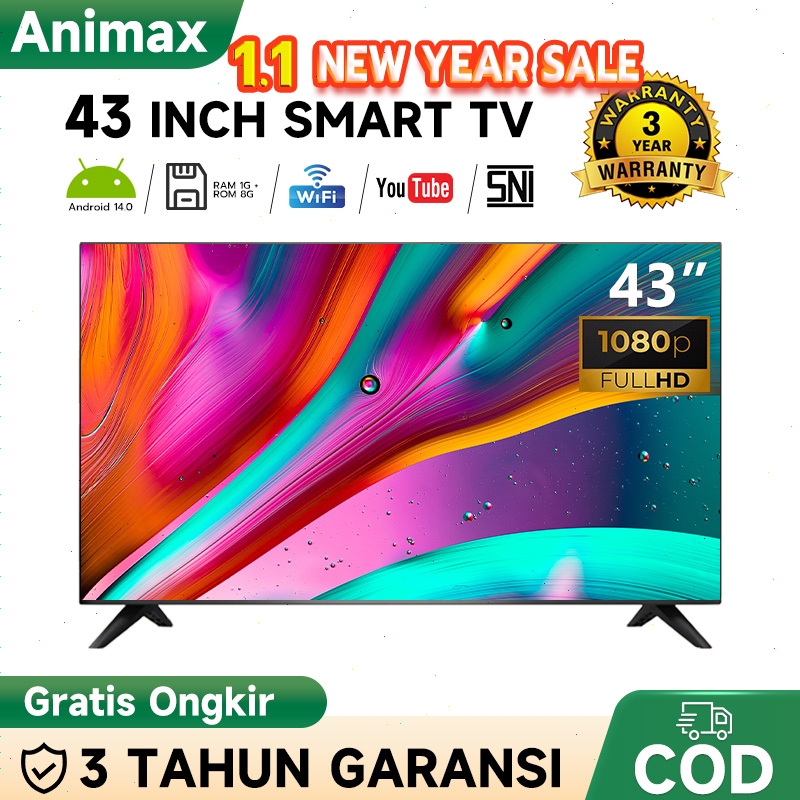 ANIMAX SAKURA SMART TV 43 INCH ANDROID FHD LED TV - GARANSI RESMI 3 TAHUN (NETFLIX/YOUTUBE/WIFI)