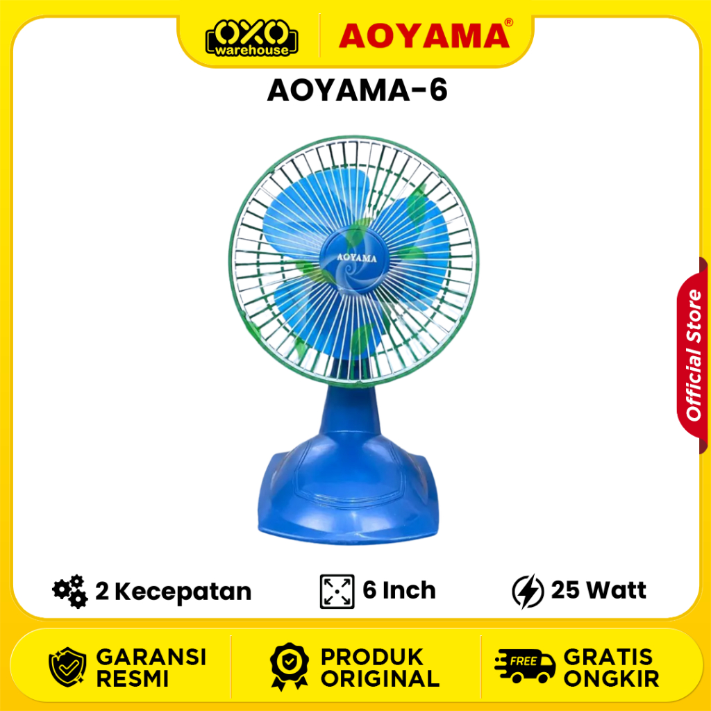 AOYAMA Kipas Duduk atau Kipas Meja 6 Inci Portable Awet & Praktis Low Watt Garansi Resmi