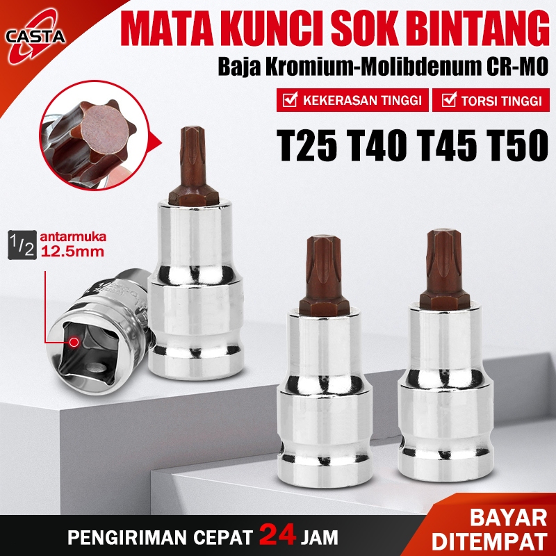 CASTA Mata Socket Torx Impact Bintang 1/2" T25 T40 T45 T50 Baja Cr-V S2 Keras - Soket Hex Bit Anti S