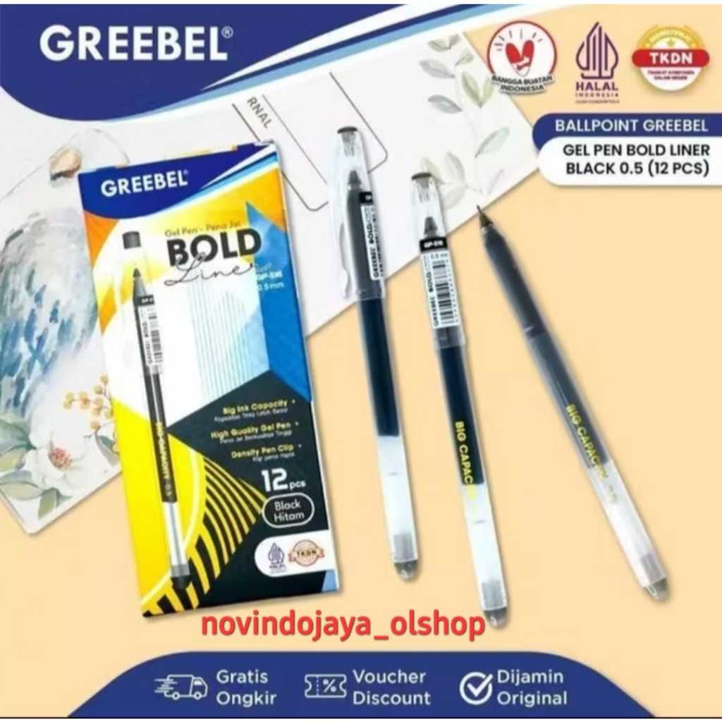 3PCS PULPEN GREEBEL BOLD LINER GP-516 O,5MM HITAM PENA GEL TERMURAH