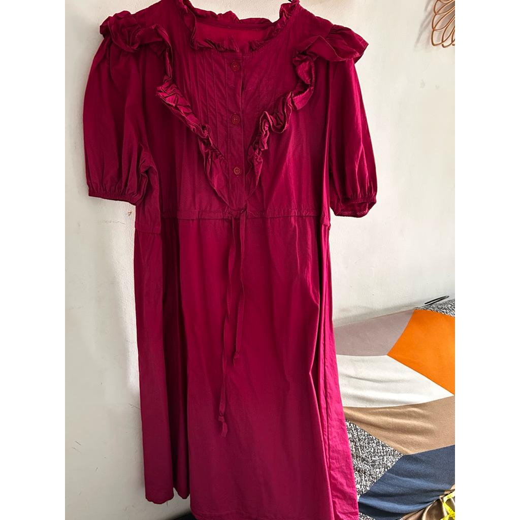 dress wanita korea style warna pink fuchia