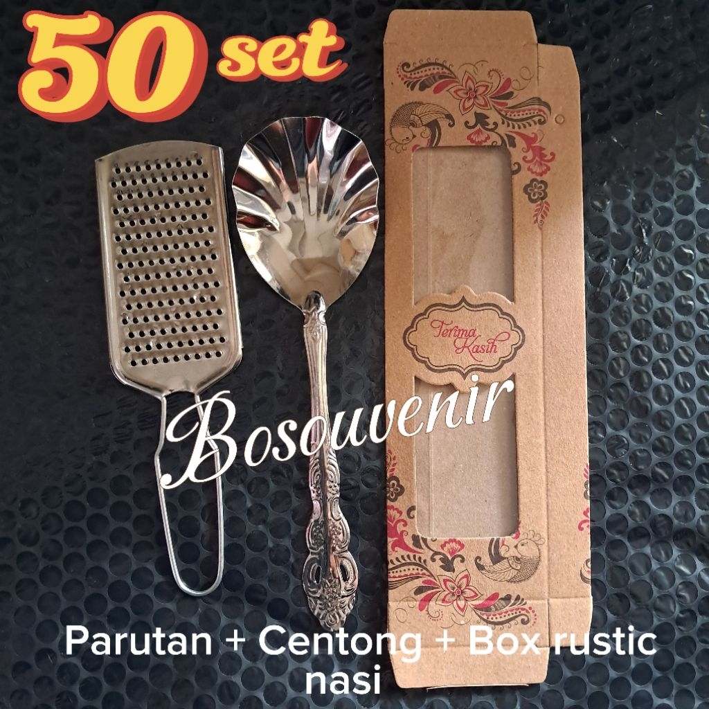 Souvenir Pernikahan (isi 50) sepasang Centong kerang dan Parutan Stainless + Box mika kemasan motif 
