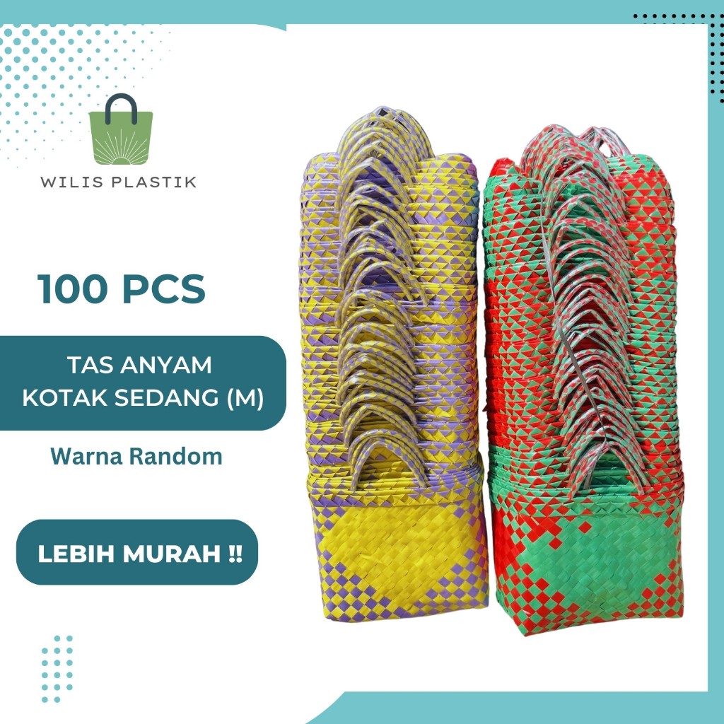 Wilis Plastik PAKET GROSIR 100 PCS Tas Anyam Bingkisan KOTAK SEDANG (M) Hampers Parcel Kotak Nasi