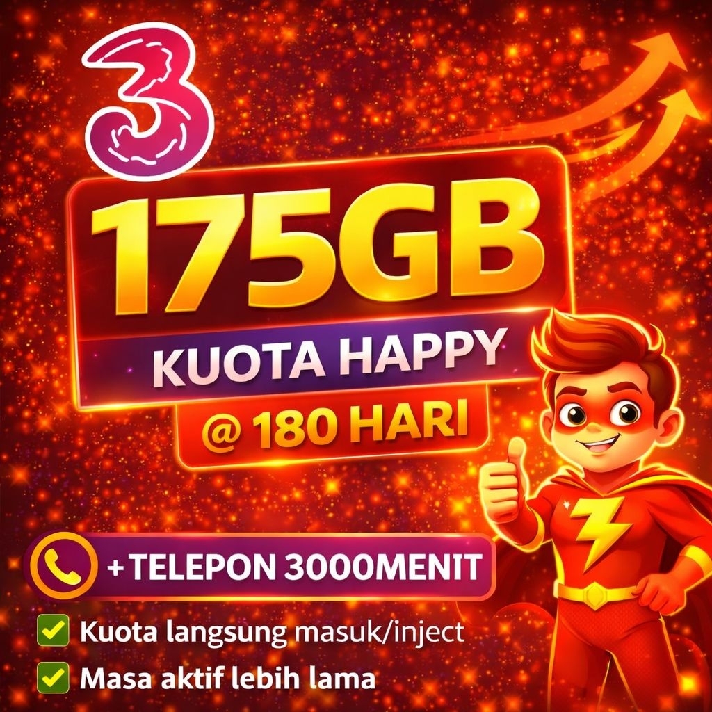 KUOTA TRI 175GB 180 HARI + 3000 menit nelpon