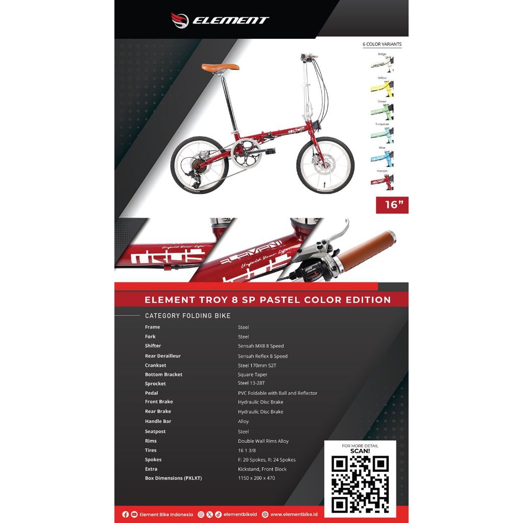 Sepeda Lipat Folding Bike ELEMENT TROY 16" Pastel Edition (Hidrolik) 8 sp