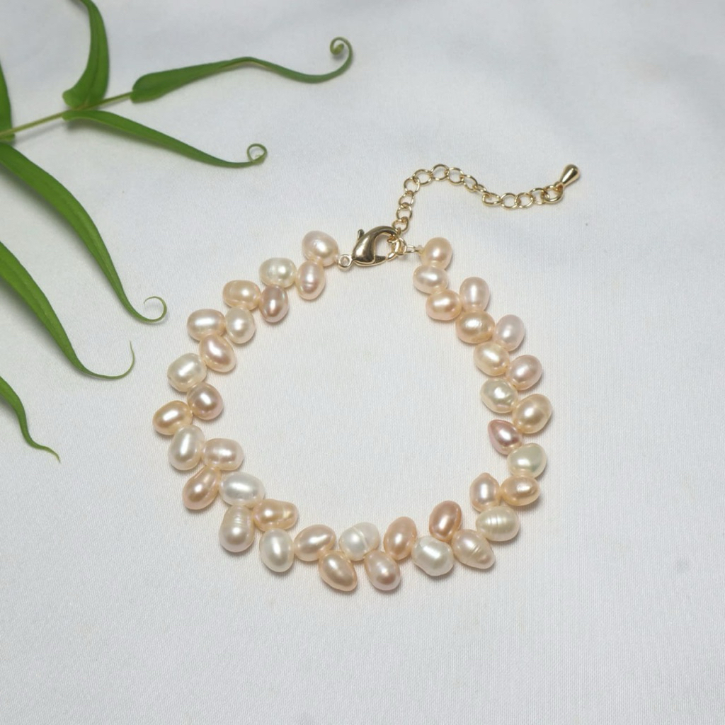 Gelang Mutiara Padi Putih Mix Peach Cantik Berkilau Mutiara Asli Air Tawar Lombok untuk Tampilan Ele