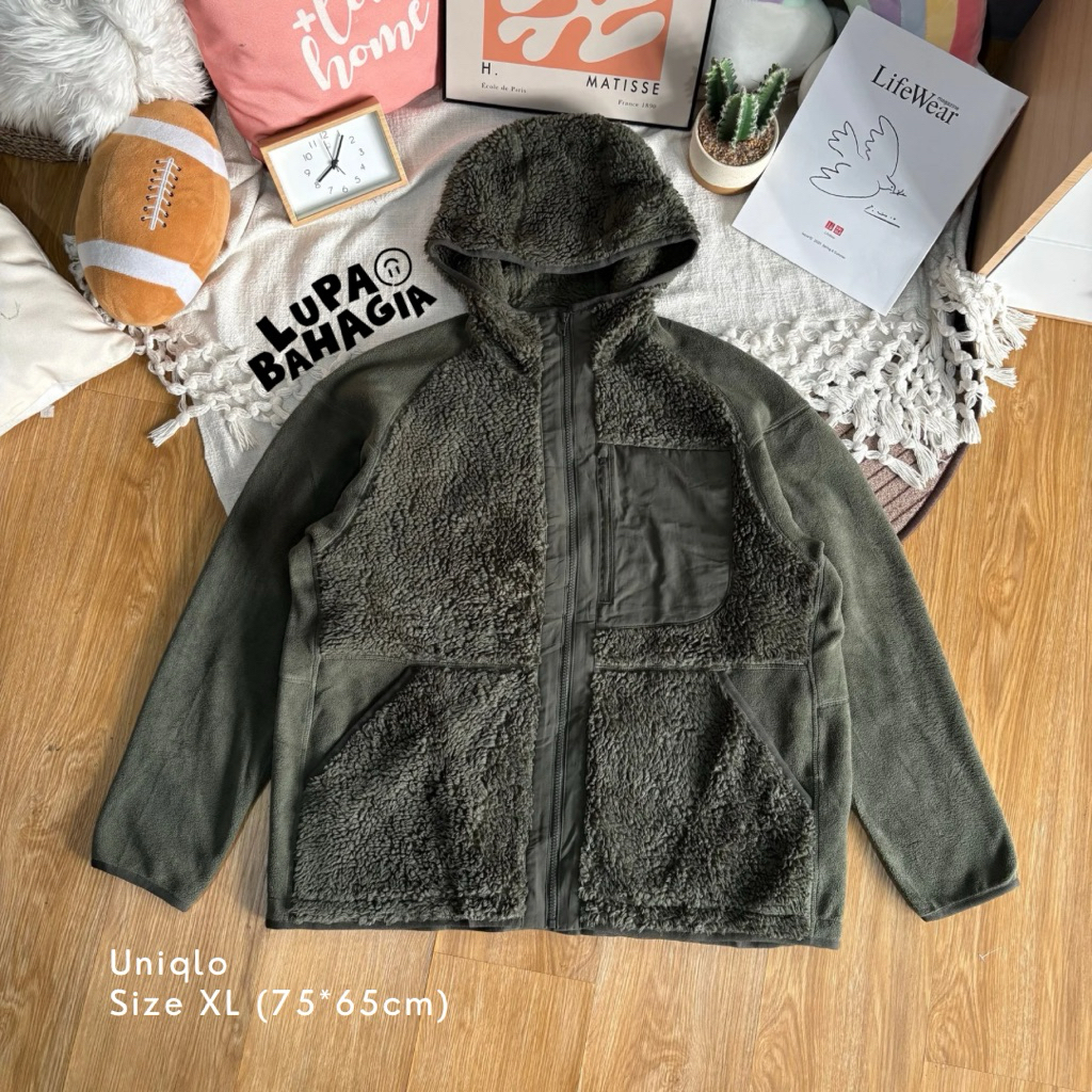 UNIQLO x WHITE MOUNTAINEERING Army Sherpa Polar Zipper Hoodie Jaket size XL • 100% Original