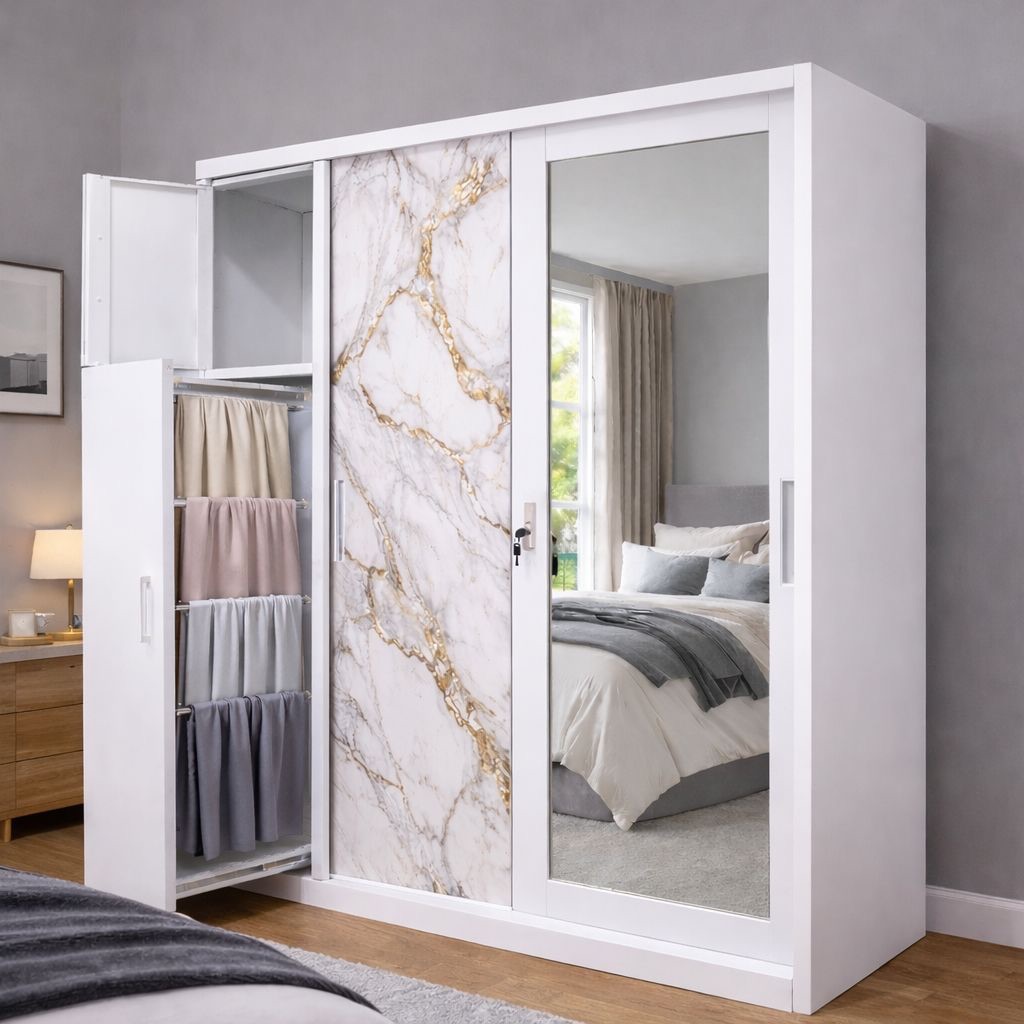 Lemari Pakaian Besi Gamis & Hijab 3 Pintu 150cm Jilbab Jumbo Lemari Besi Pakaian Sliding Lemari Besi