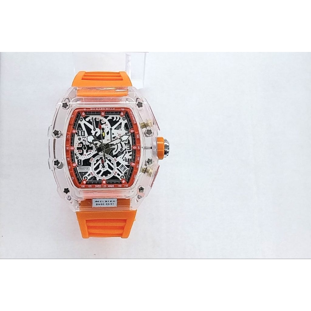Jam Tangan Pria Mewah RM056 Shappire Chronograph Tanggal On Body Transparan Rubber Strap Orange Prem