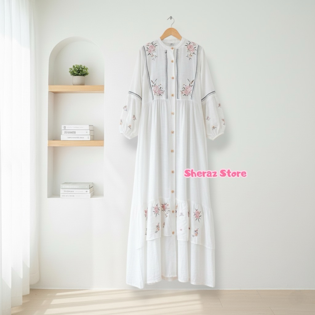 Tiara S M L XL XXL Gamis Dress Polo Linen Bordir Kondangan Wanita Terbaru Jumbo Ld 120 - 92 Putih Hi