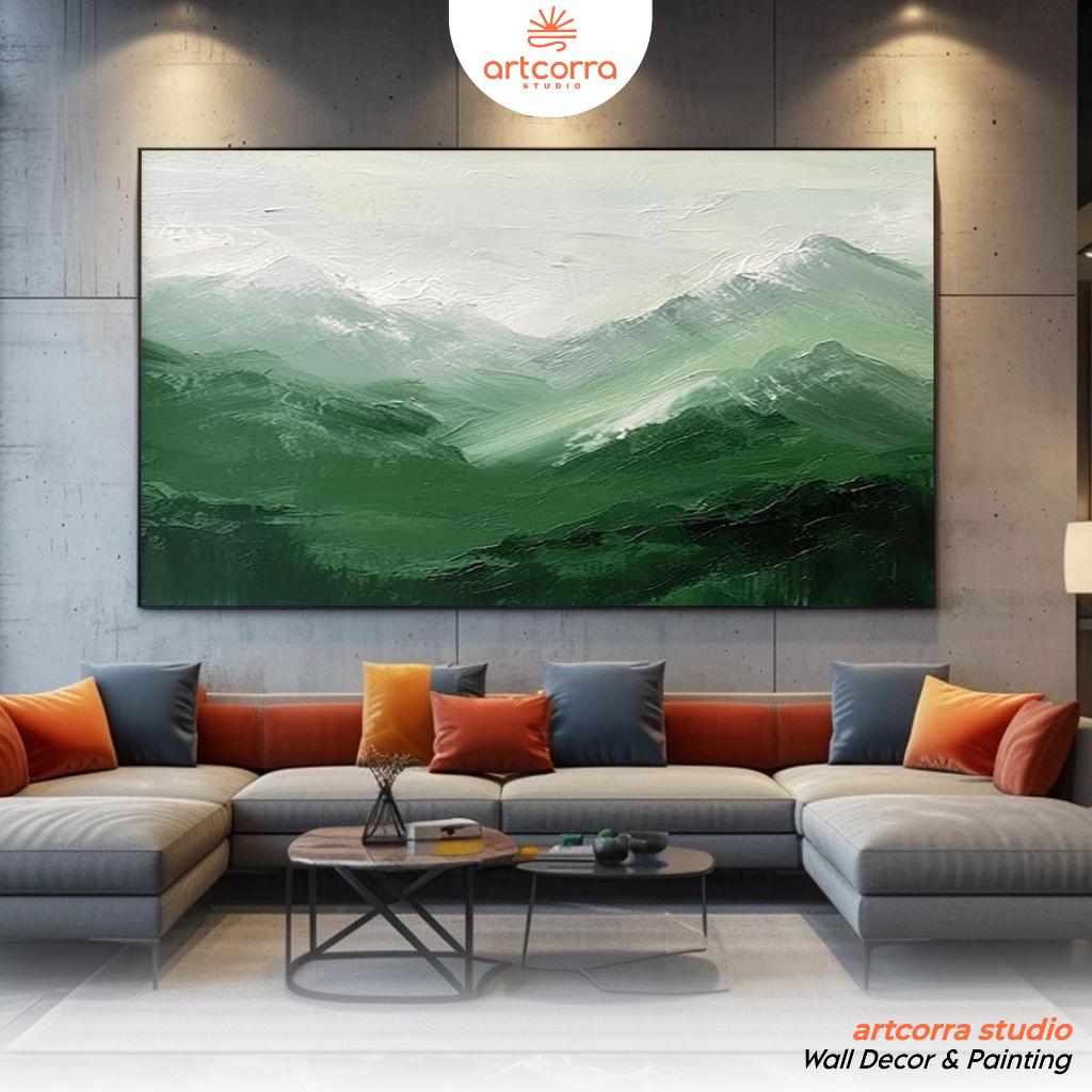 Lukisan Pemandangan Gunung Hijau Tekstur Timbul