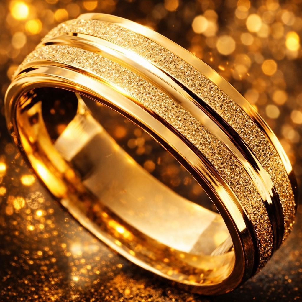 Cincin Couple Pria Wanita Titanium Zircon Pasir Double List Cincin Pasir Kuning Silver Garis Tengah 