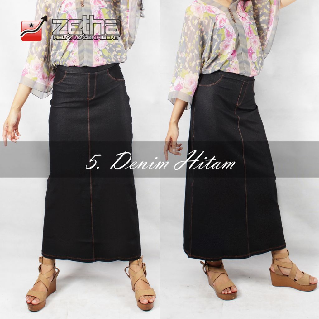 Rok Zetha Panjang Wanita Warna Denim Hitam | Rok Kerja Kantor | Rok Denim | Rok Model A - Line | Rok
