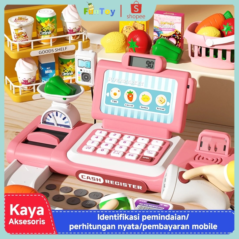 FUNTOY 37PCS Mainan Mesin Kasir Anak Mesin kasir belanja kalkulator berhitung dengan Suara Scanner