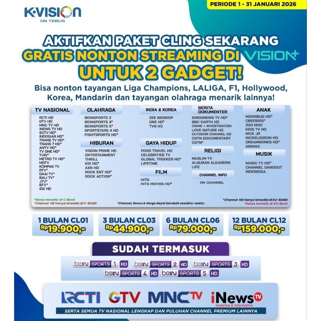 Paket cling K-Vision 3-12bulan paling termurah