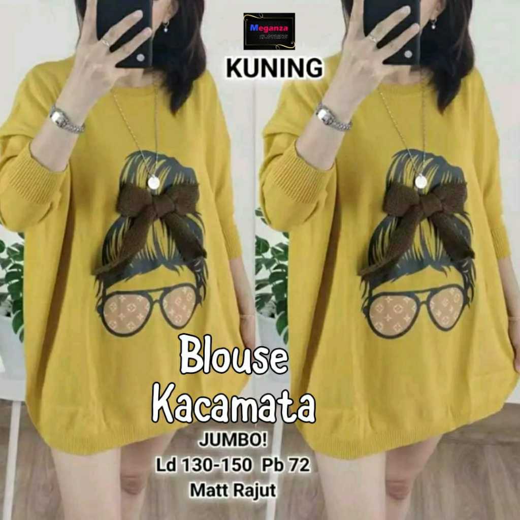 Blouse Kacamata Jumbo Oversize Original MeganZa Clothing Atasan Wanita Rajut Premium Motif Timbul Pi
