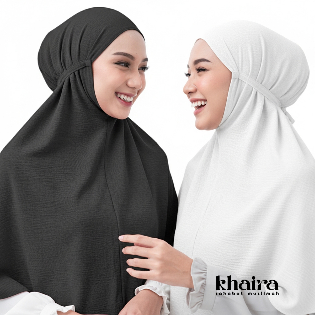 Khaira | Bergo Maryam Hijab Instan Syar'i Crinkle Hitam Putih