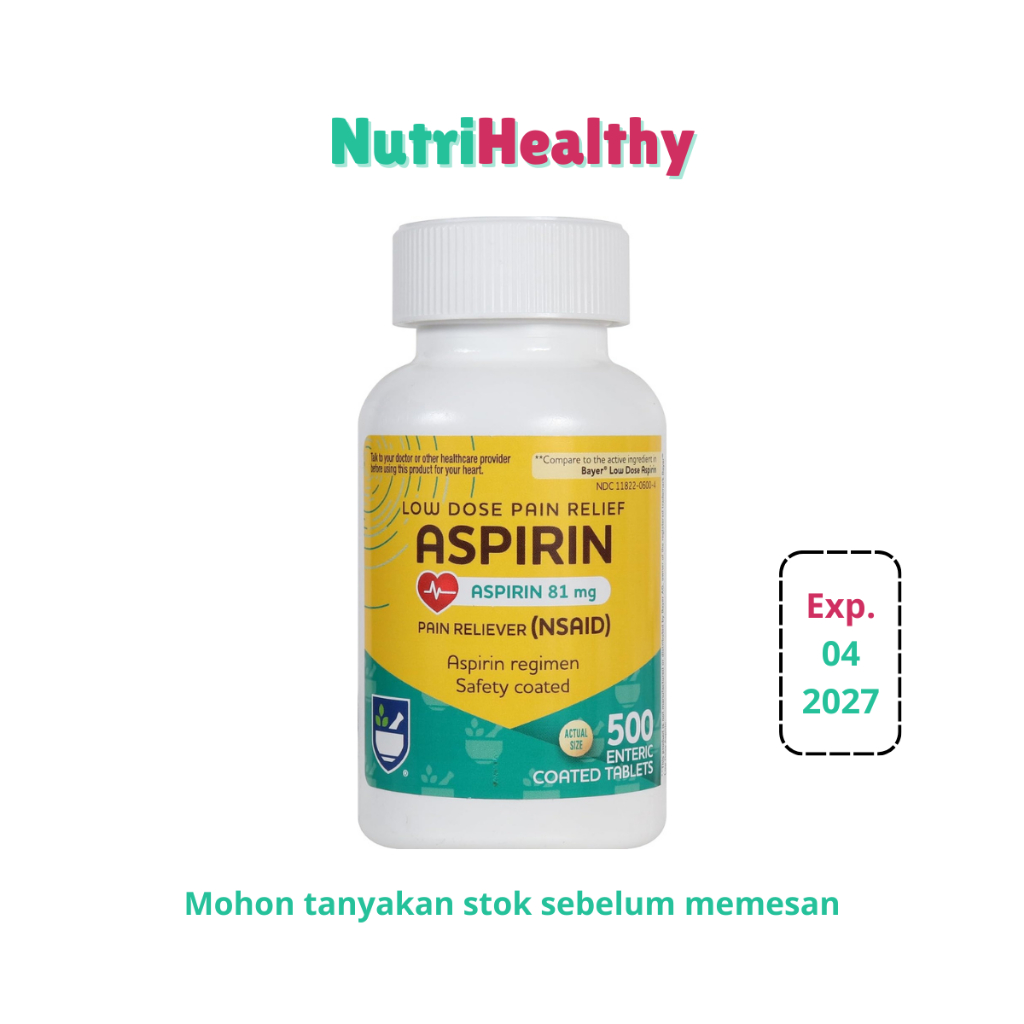 Rite Aid Low Dose Aspirin 81mg 500 Tablet - Pereda Nyeri Ringan Berlapis Enteric, Aman untuk Lambung