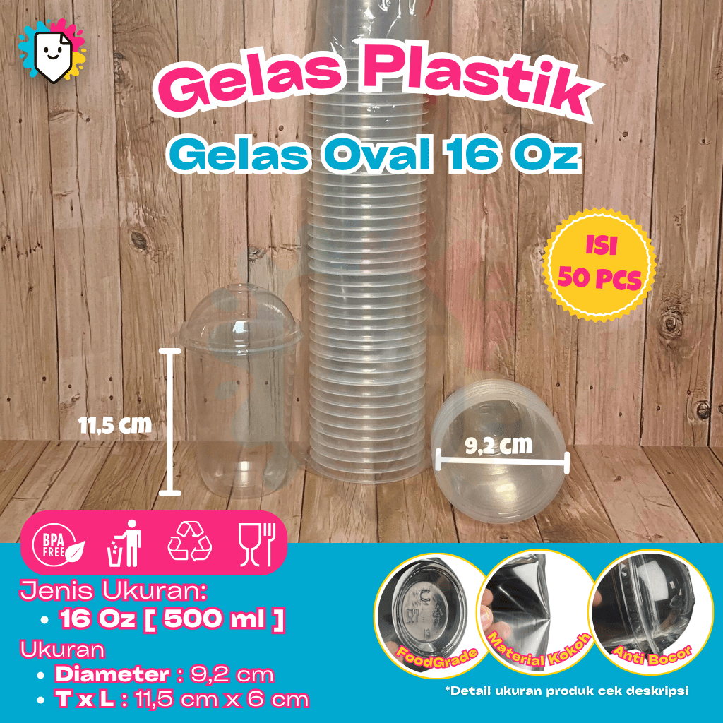 [Isi 50 PCS] Gelas Plastik Oval + Tutup Gelas 16oz 500 ml Gelas Plastik Cup / Gelas Plastik Bening /