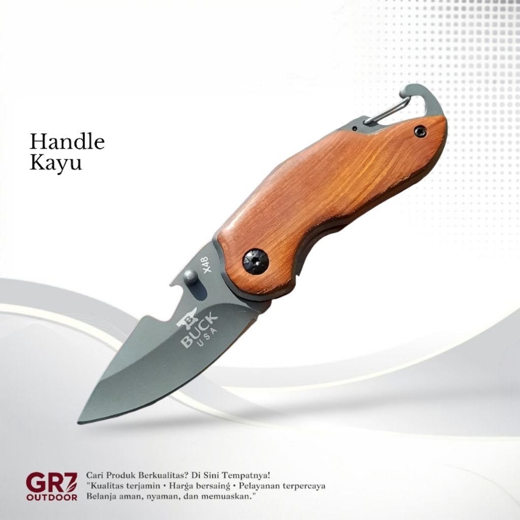 Pisau Survival Lipat Outdoor Buck X48 Gagang Kayu Solid Ergonomis Tactical Taktis